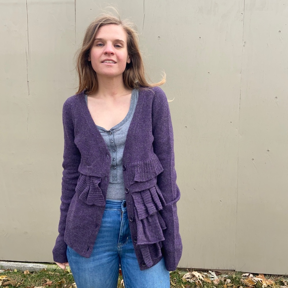 Moth Asymmetrical Ruffle Wool Purple Cardigan